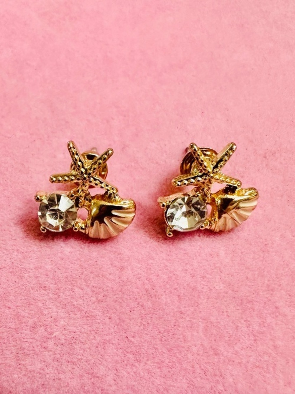 Gold Starfish Shell Rhinestone Stud Earrings
